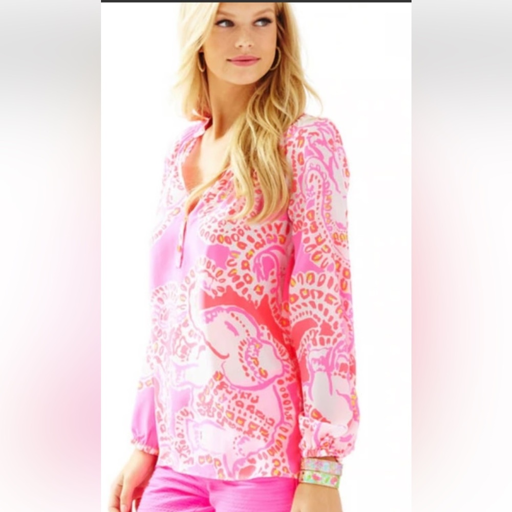 Lilly Pulitzer Pink and White Elephant Silk Elsa Blouse!